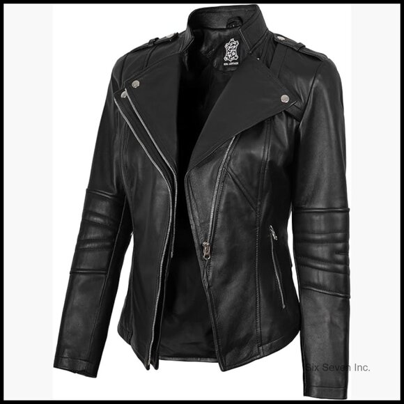 Real Lambskin Leather Moto Jacket with Asymmetrical Zip Front
